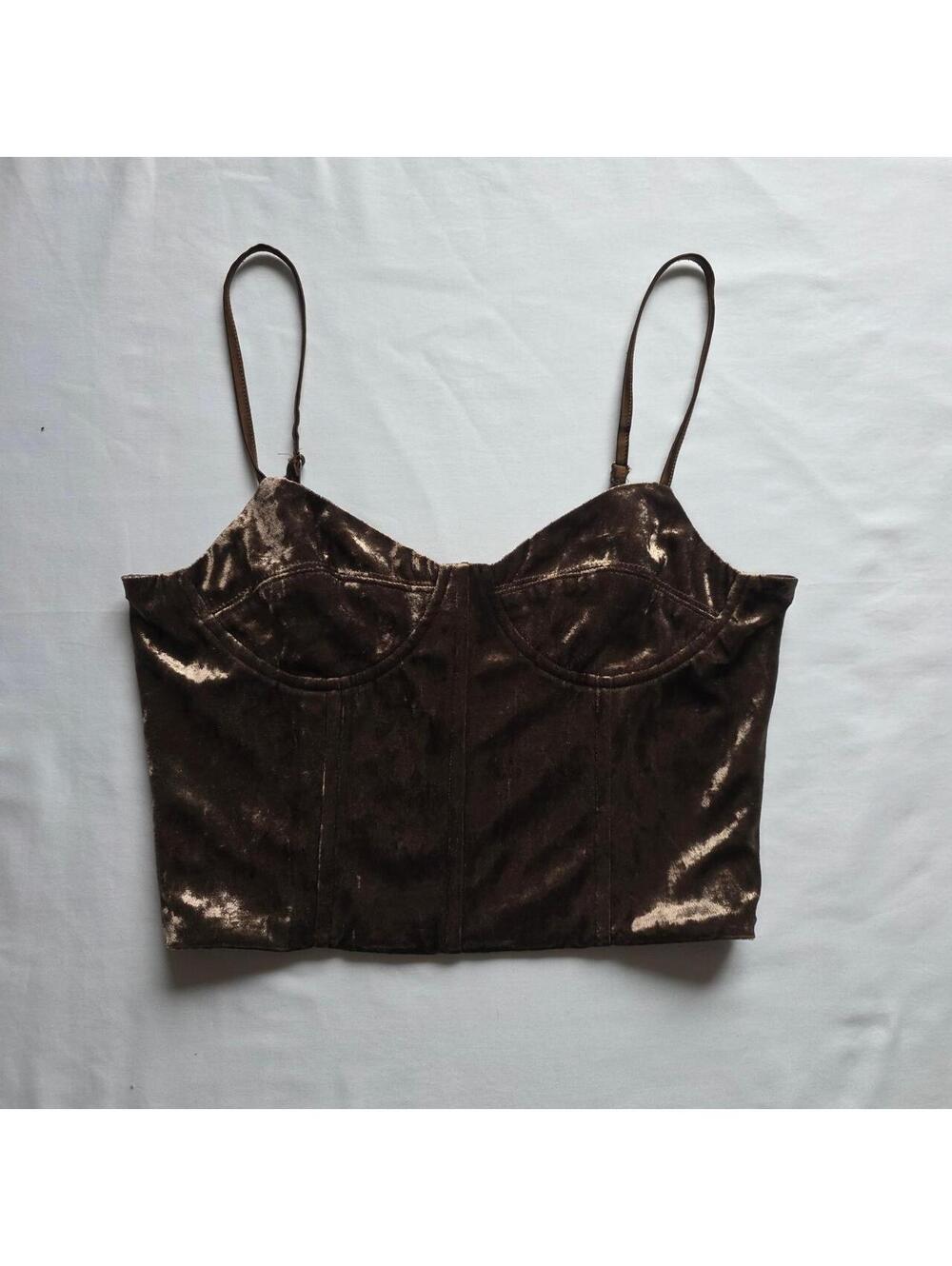 En Saison Dark Brown Crushed Velvet Bustier Crop Top, size S